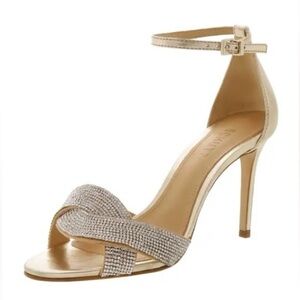 Schutz Jolita Crystal-Embellished Metallic Leather Sandals Gold Size 8.5B